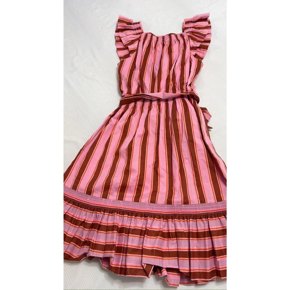 Kate Spade Calais Ruffle Dress Pink Stripe Flutter Belt Size XXS New